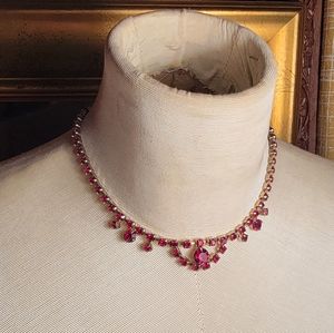 Vintage Red Rhinestone Necklace in Goldtone Metal Setting with Hook Clasp